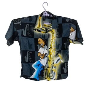 Claudio Nucci Mens Black Y2K Hip Hop Retro Music Hawaiian Button Up Shirt Size L